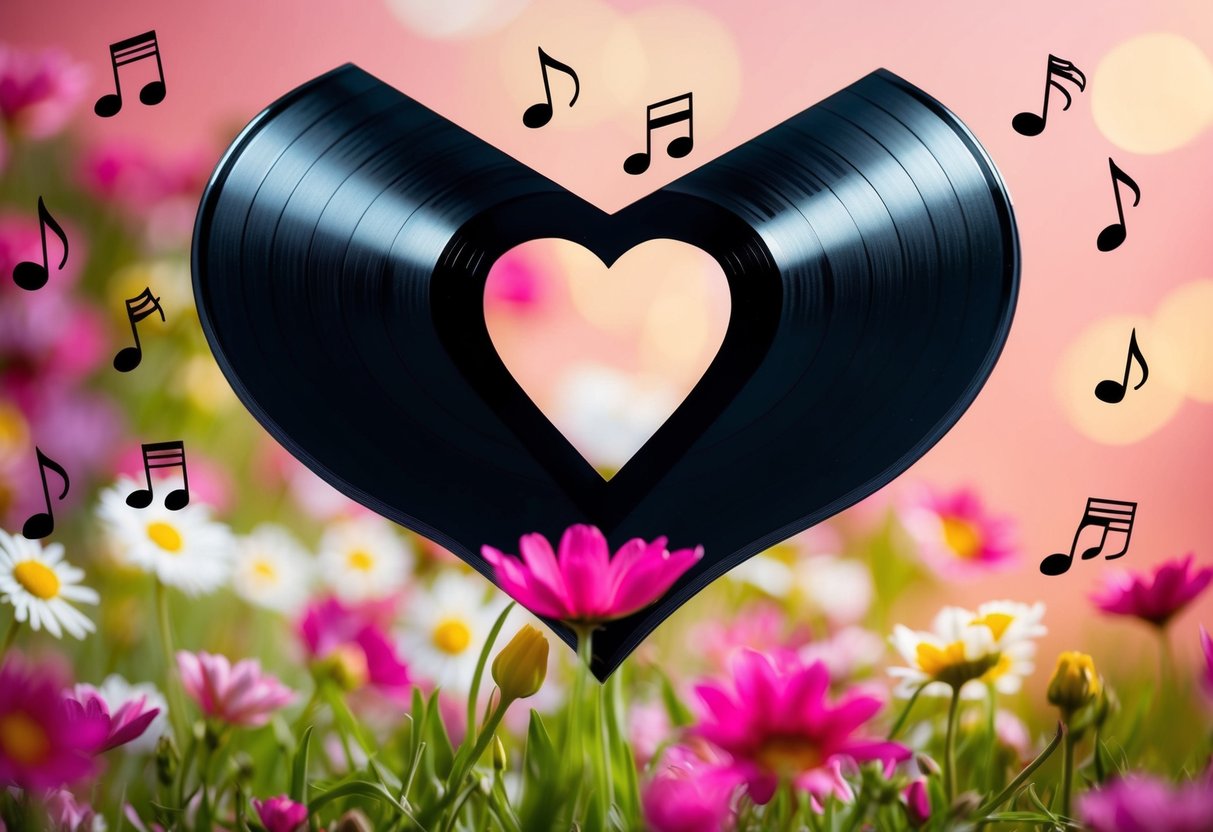 A heart-shaped vinyl record surrounded by blooming flowers and floating musical notes
