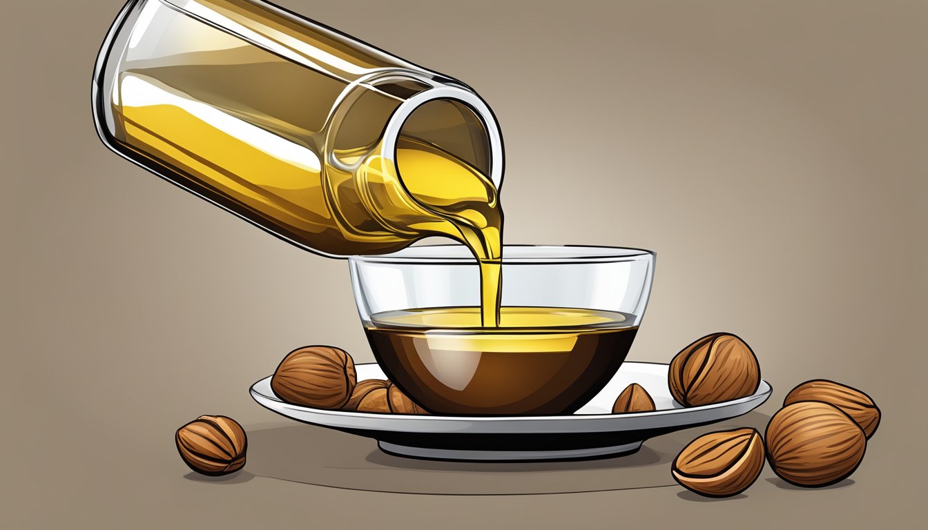 A bottle of hazelnut oil being poured into a dish instead of walnut oil