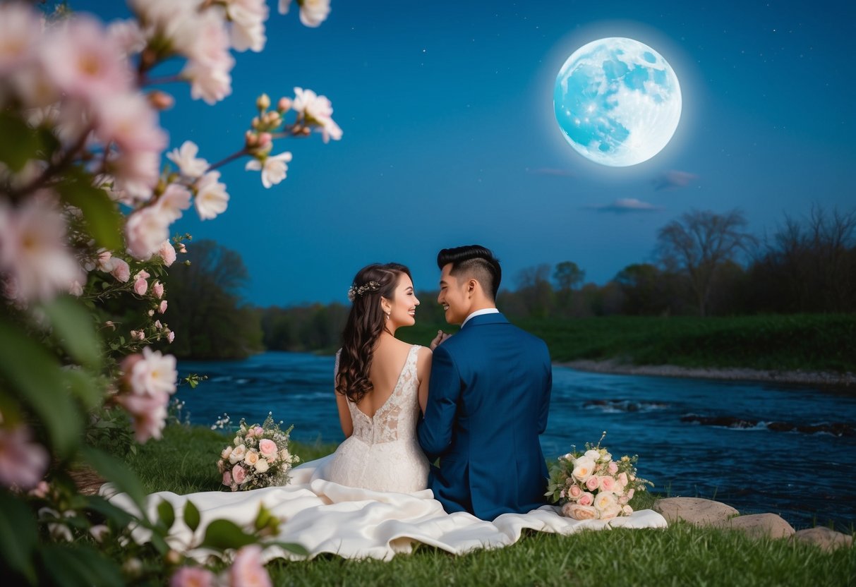 A couple sitting under a moonlit sky, surrounded by blooming flowers and a flowing river, serenading each other with love songs