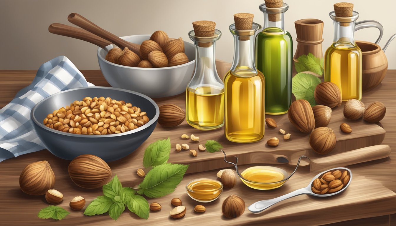 A bottle of hazelnut oil replaces a bottle of walnut oil in a kitchen setting, surrounded by various cooking ingredients and utensils