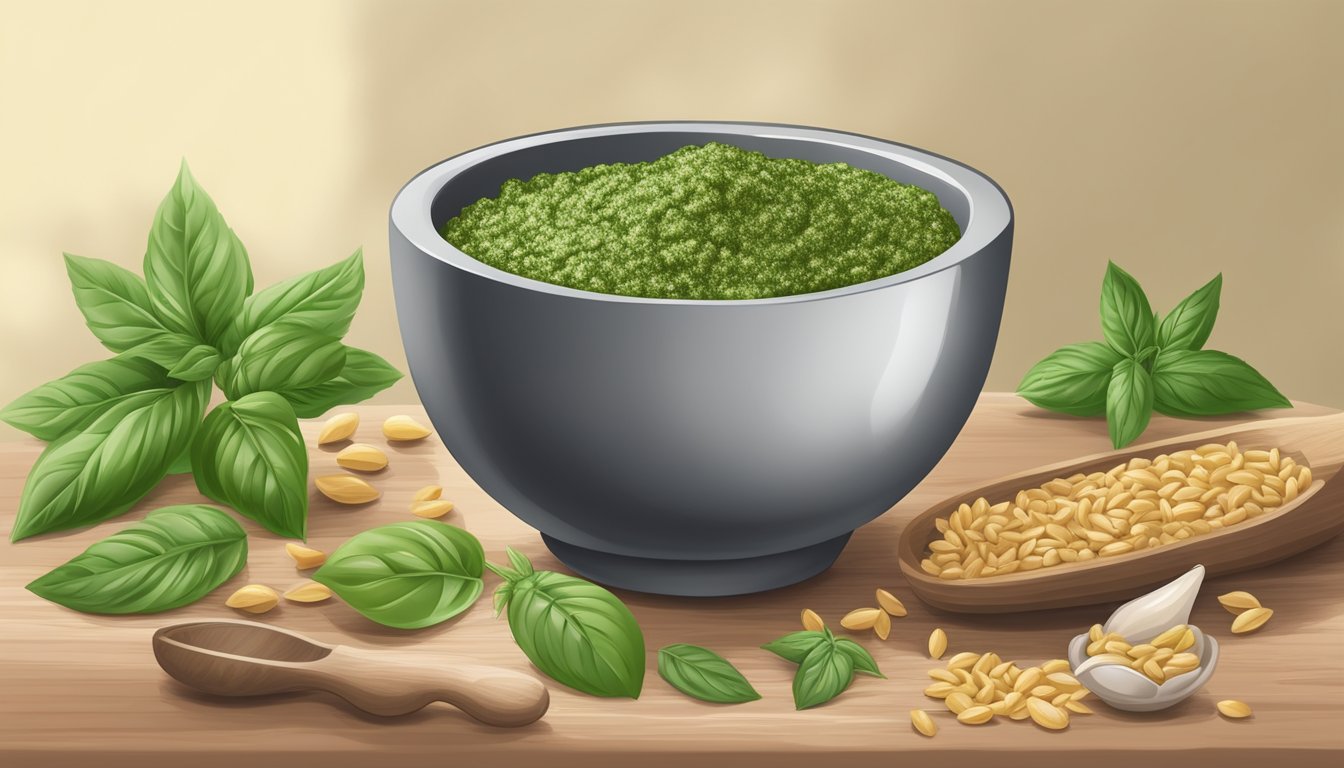 A bowl of pesto sauce being prepared with hemp hearts instead of pine nuts, surrounded by fresh basil leaves and a mortar and pestle