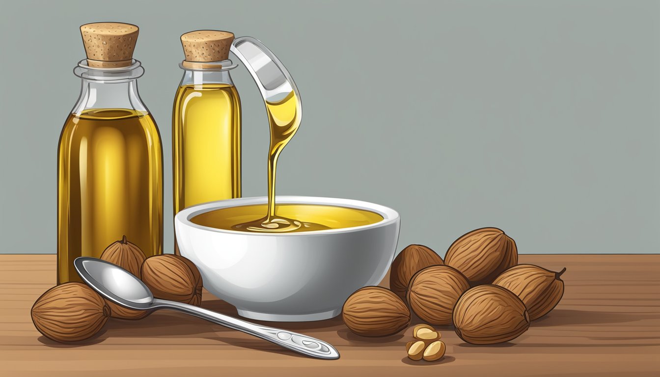 A bottle of hazelnut oil sits next to a bowl of walnuts, with a measuring spoon pouring the oil into the bowl