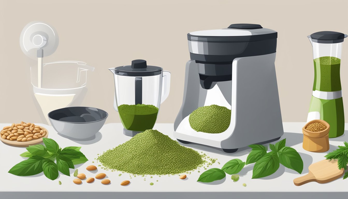 A bowl of pesto being made, with hemp hearts being used instead of pine nuts. Ingredients and a blender are visible