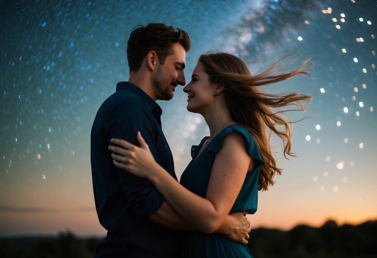 A couple standing under a starry sky, holding each other close with a gentle breeze blowing through their hair