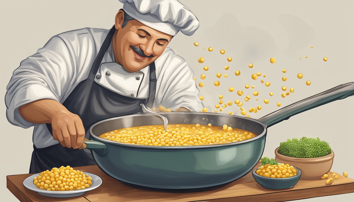 A chef pouring hominy into a pot of soup instead of corn