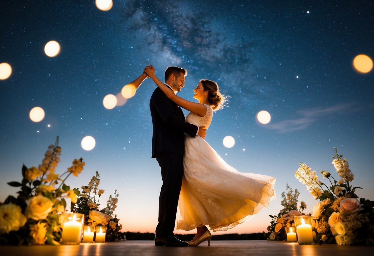 A couple dancing under a starry sky, surrounded by blooming flowers and soft candlelight