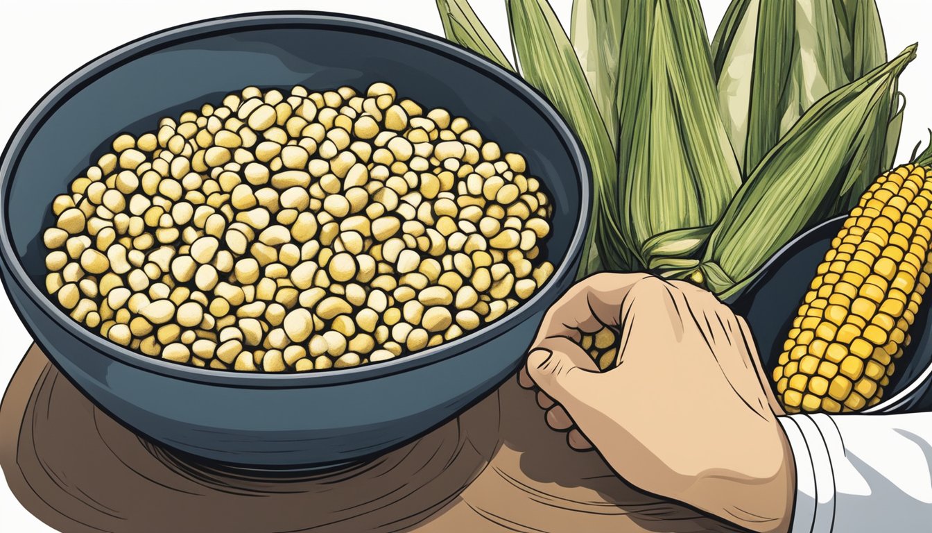 A bowl of hominy sits next to a cob of corn. A chef's hand reaches for the hominy while considering a substitution