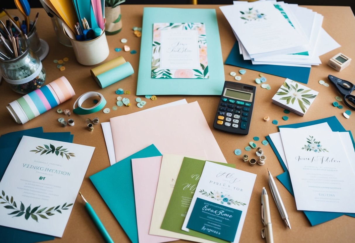 A table with a variety of art supplies and paper, surrounded by wedding invitation samples and a calculator