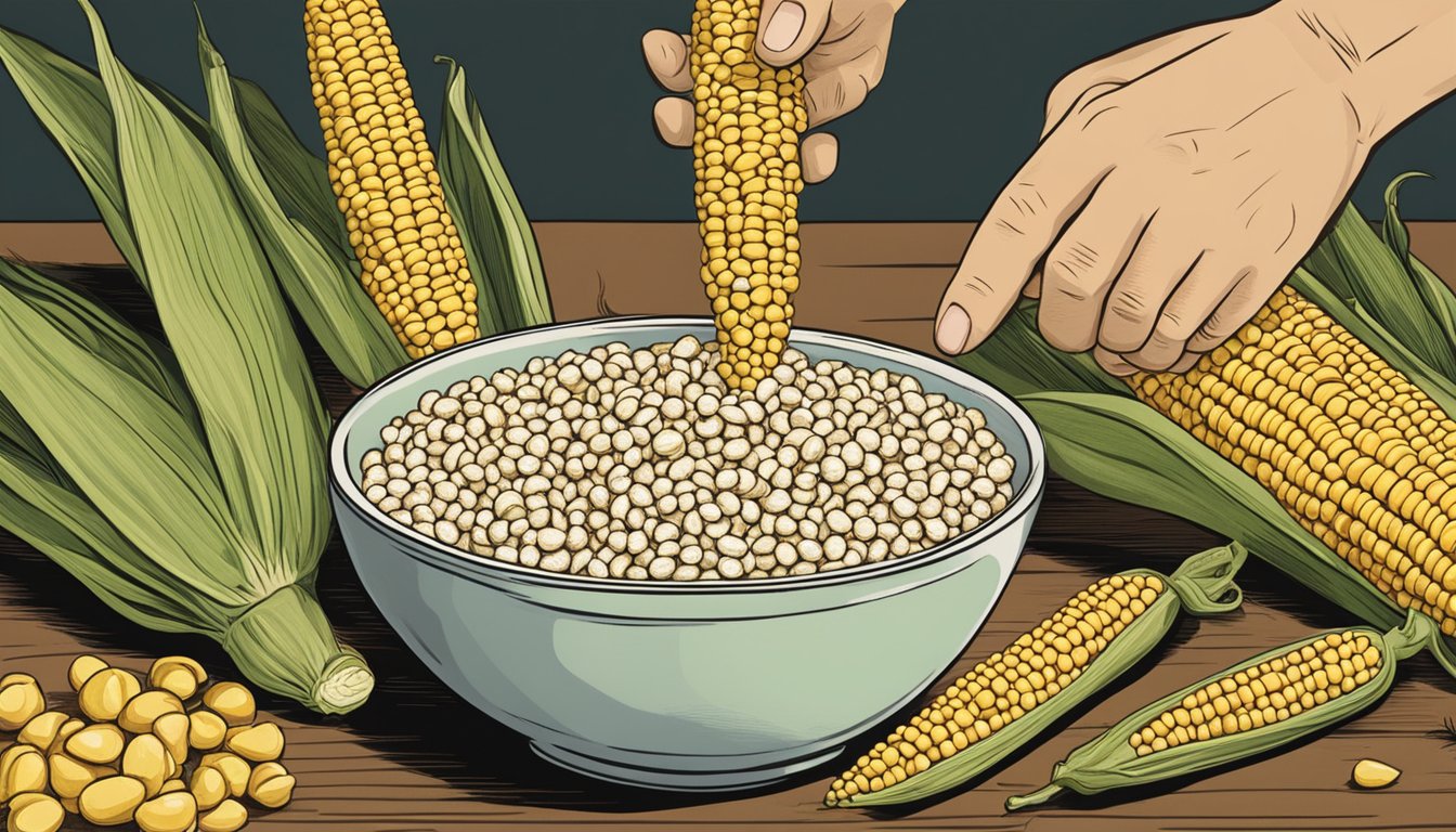 A bowl of hominy sitting next to a bowl of corn, with a hand reaching for the hominy