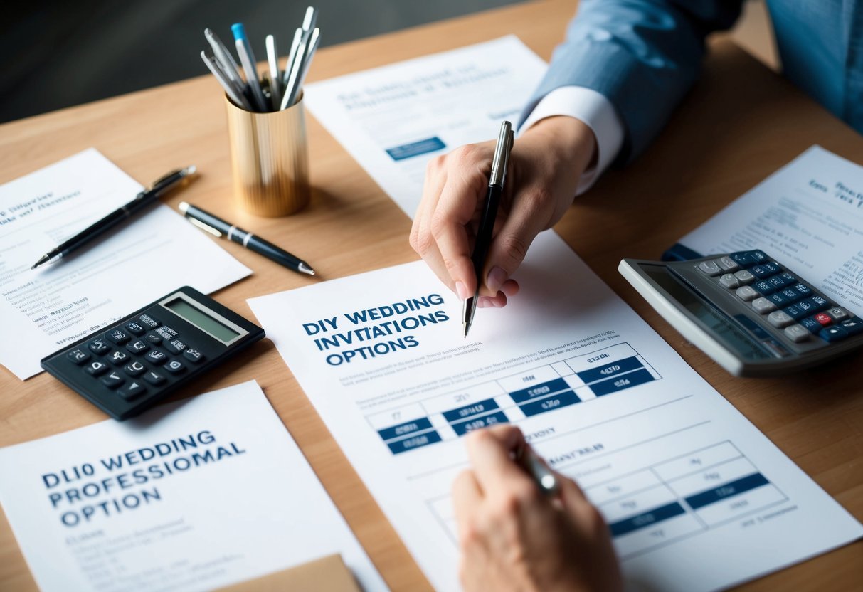 A person comparing prices of DIY wedding invitations vs. professional options, surrounded by paper, pens, and a calculator