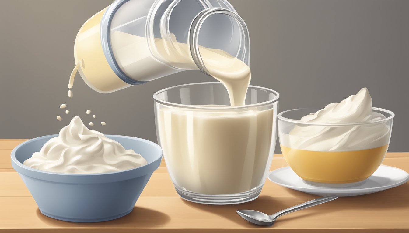 A measuring cup pouring heavy whipping cream into a mixing bowl with a buttermilk carton nearby