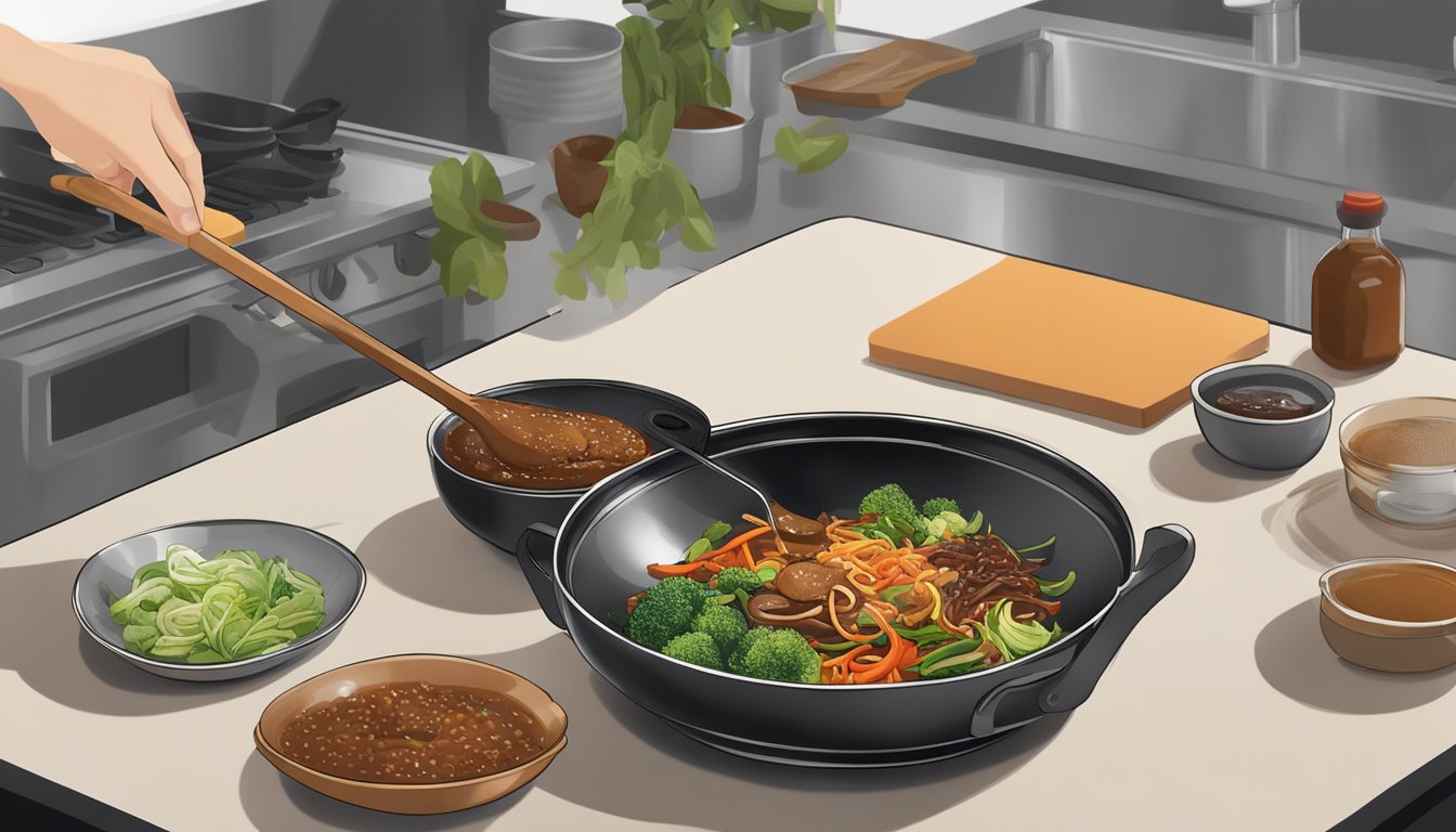 A wok sizzling with stir-fry ingredients, a bottle of hoisin sauce being poured into the pan, and a jar of tamarind paste left untouched on the counter