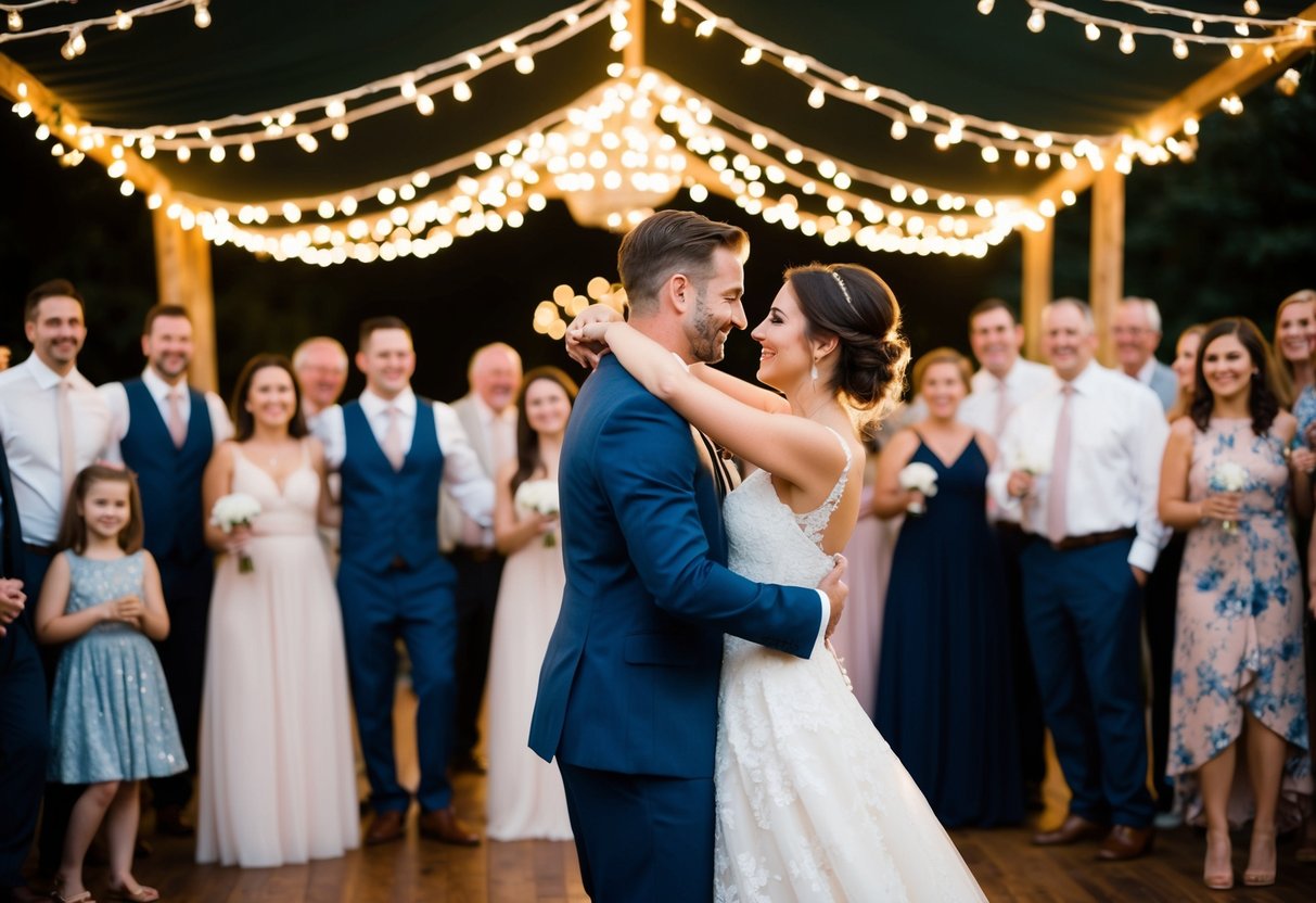 A couple dancing under a canopy of twinkling lights, surrounded by friends and family, with a soft, romantic atmosphere