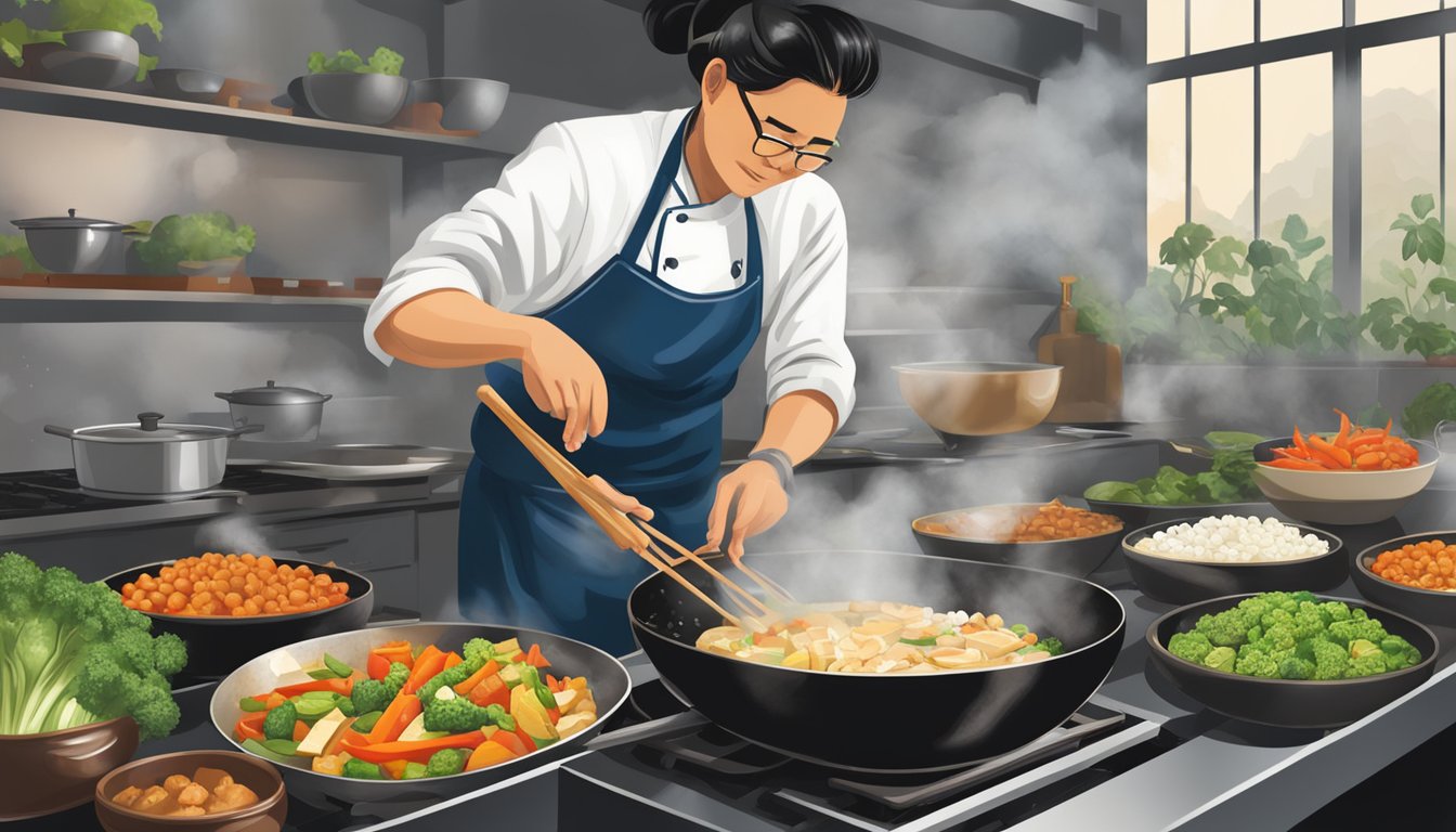 A wok sizzling with vegetables and tofu, as a cook pours a rich, dark hoisin sauce into the pan, substituting it for tamarind paste