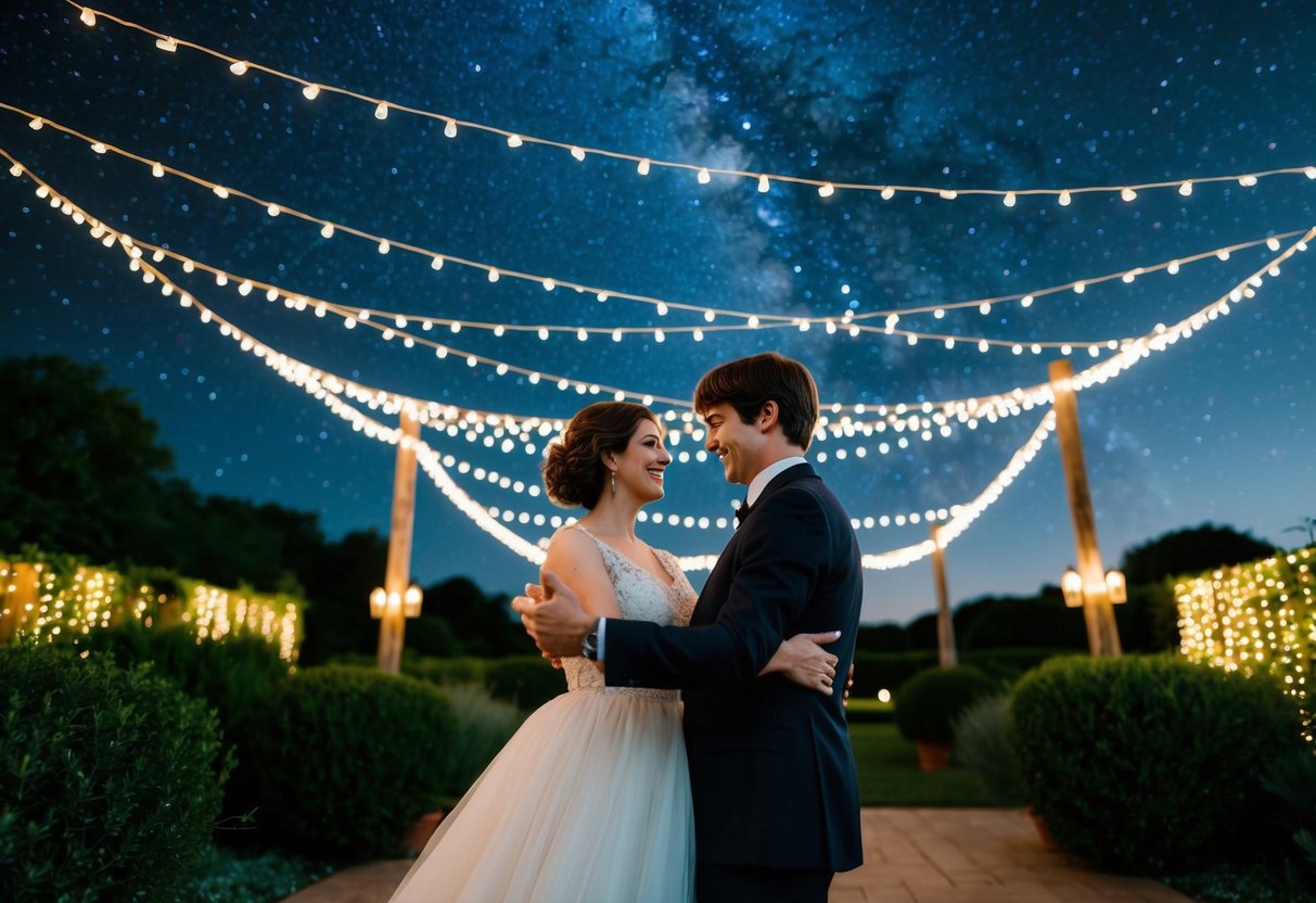 A couple dancing under a starry night sky, surrounded by twinkling lights and lush greenery, lost in the music of "In My Life" by The Beatles