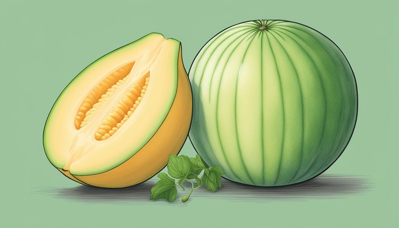 A honeydew melon and a cantaloupe sit side by side, one being substituted for the other in a recipe