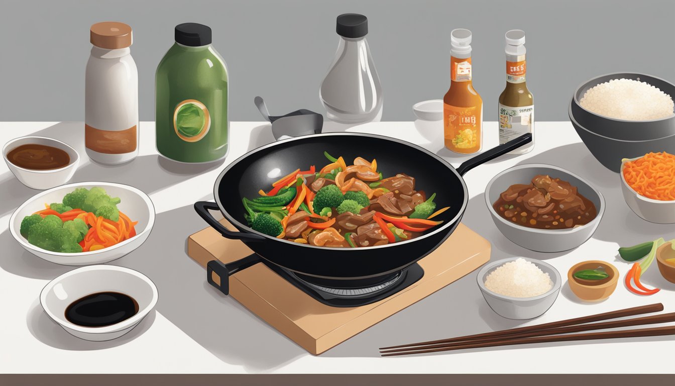 A wok sizzling with stir-fry ingredients, a bottle of tamarind paste replacing hoisin sauce on the counter