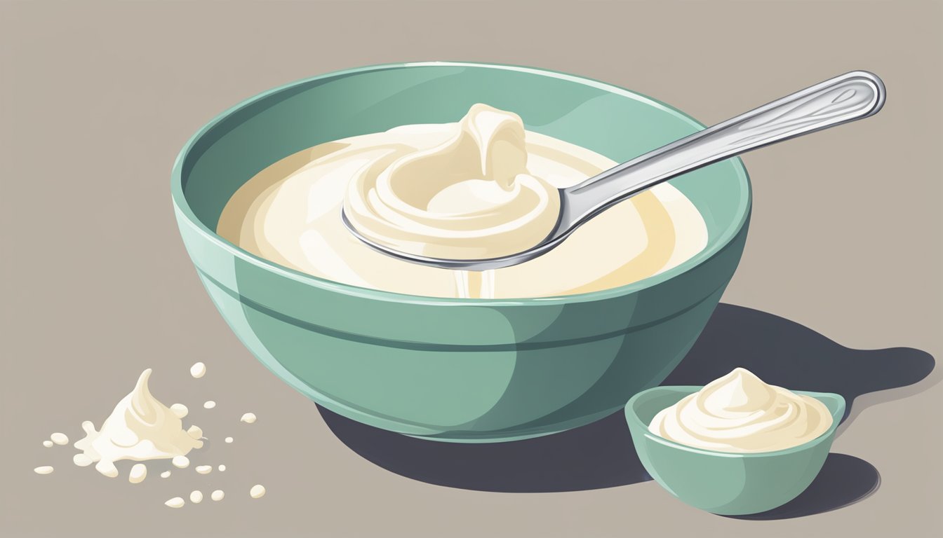 A measuring cup pouring heavy whipping cream into a bowl of buttermilk, with a measuring spoon nearby