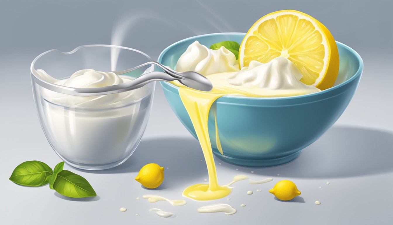 A measuring cup pouring heavy whipping cream into a bowl of lemon juice, with a whisk nearby for mixing