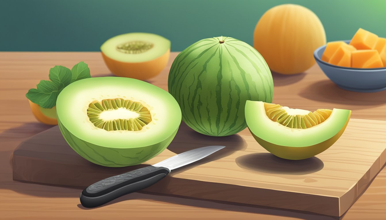 A honeydew melon sits on a cutting board next to a cantaloupe, with a knife and a bowl of fruit salad in the background