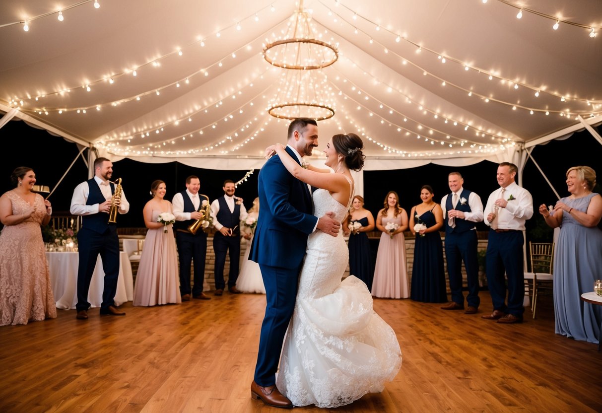 A bride and groom dancing under a canopy of twinkling lights, surrounded by friends and family, with a live band playing in the background