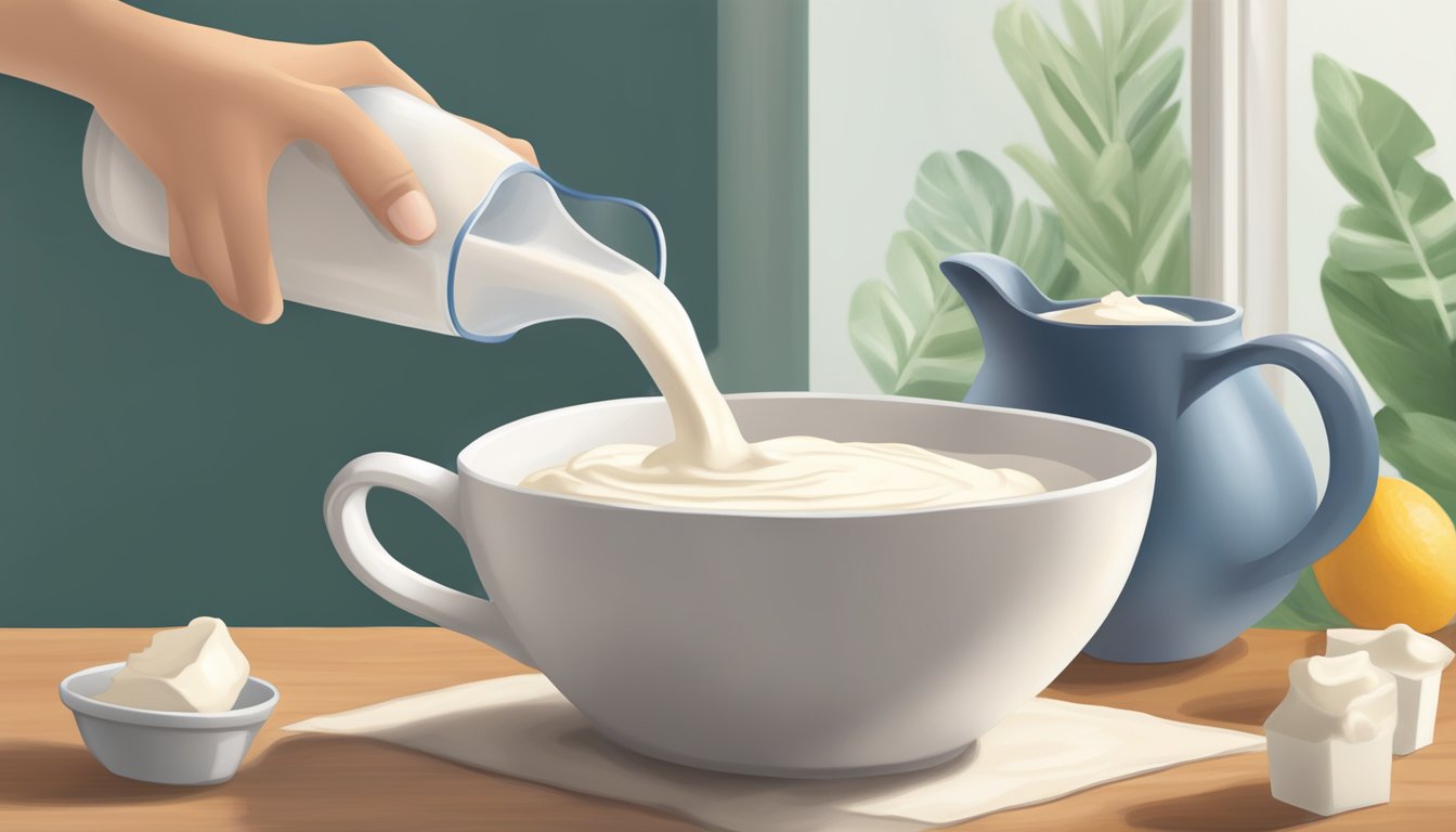 A pitcher pouring heavy whipping cream into a measuring cup, with a carton of buttermilk nearby