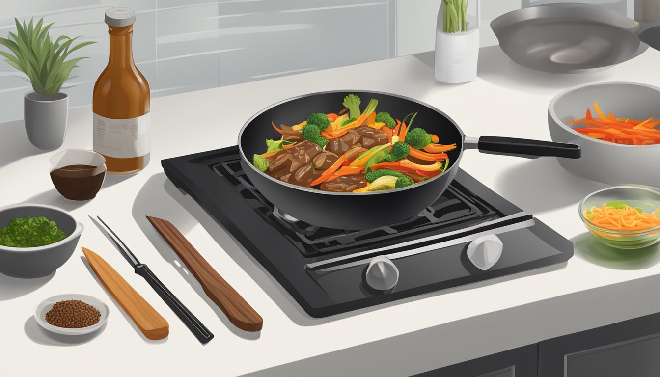 A wok sizzling with stir-fry ingredients, a bottle of hoisin sauce and tamarind paste on a kitchen counter, and a chef's knife ready to be used