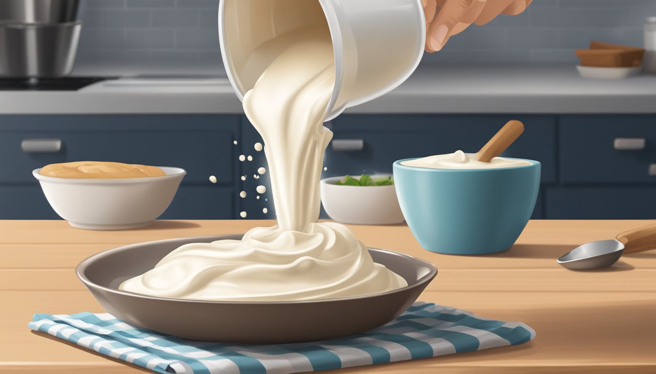 A bowl of heavy whipping cream being poured into a measuring cup, with a carton of buttermilk nearby