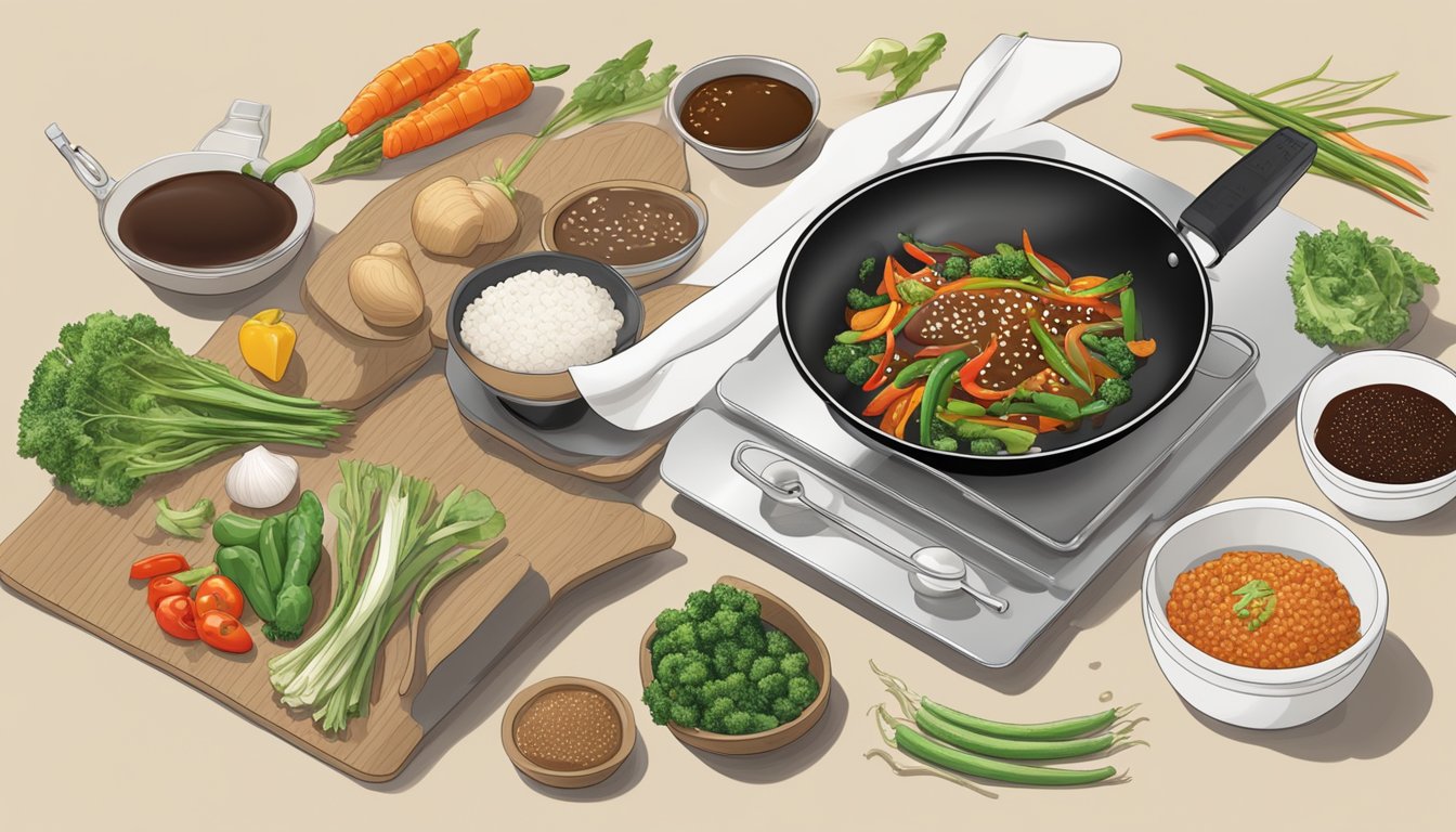 A wok sizzling with vegetables and protein, with a bottle of hoisin sauce and tamarind paste nearby