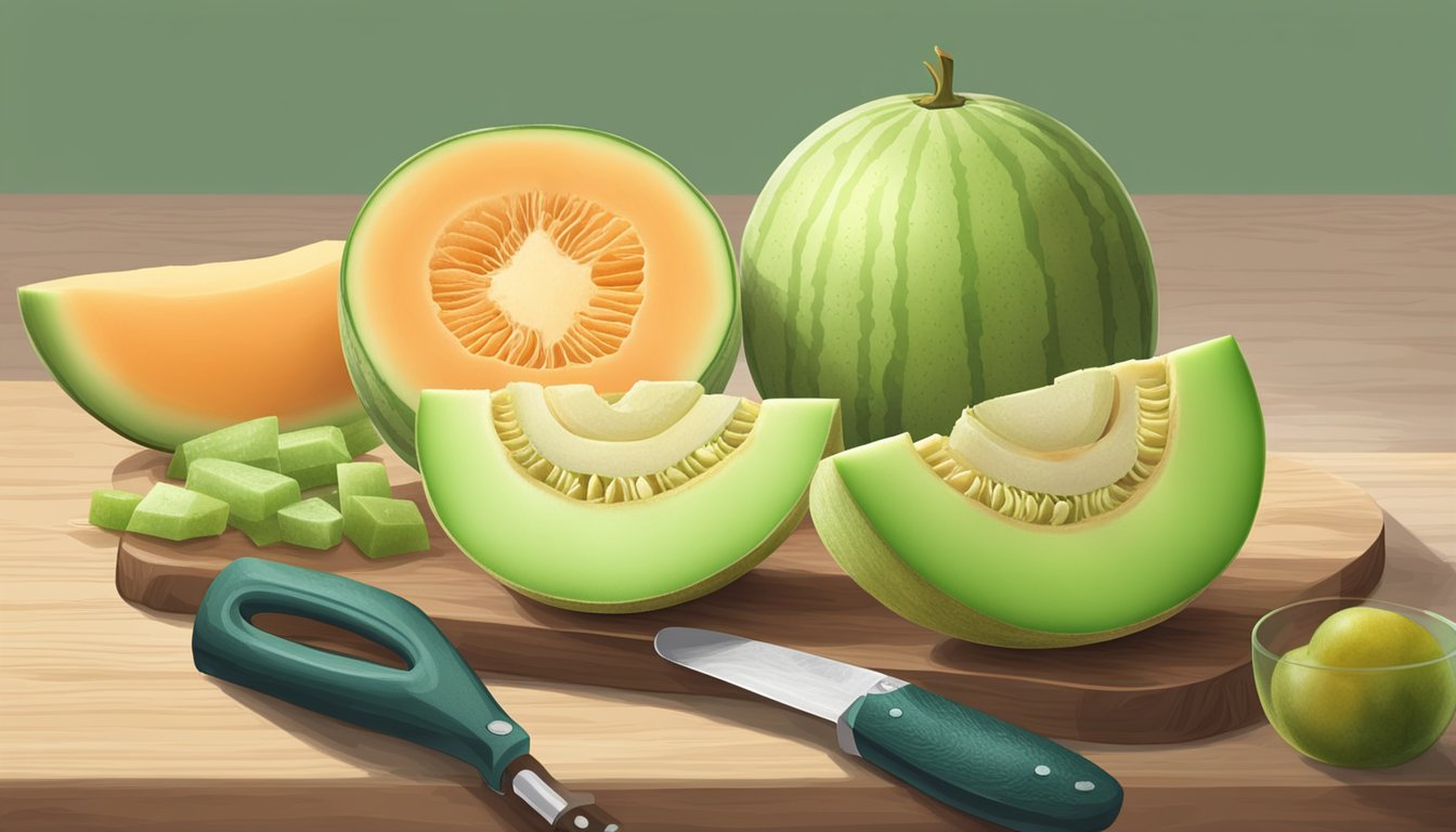 A honeydew melon and cantaloupe sitting side by side on a cutting board with a knife next to them