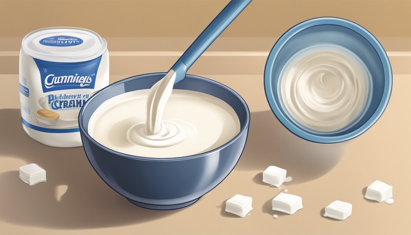 A bowl of heavy whipping cream being poured into a measuring cup, with a carton of buttermilk nearby