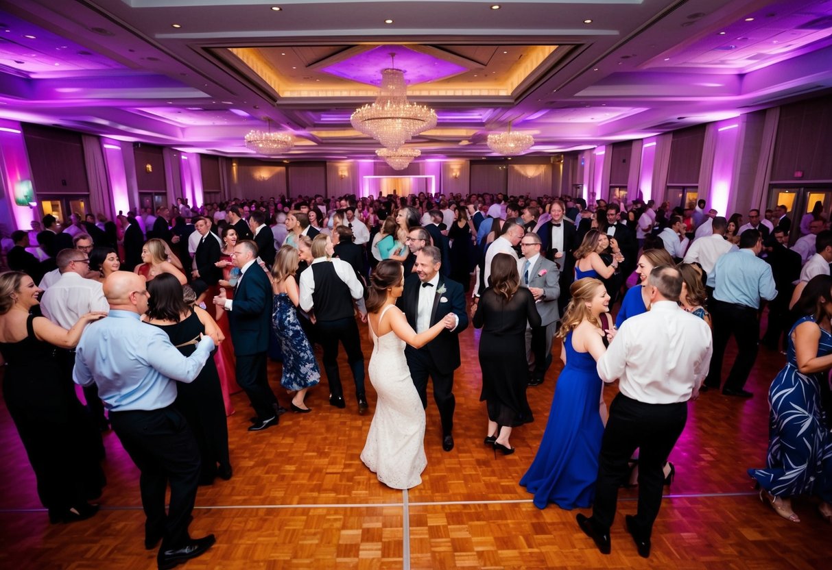 A spacious dance floor filled with 150 guests dancing and mingling at a lively event