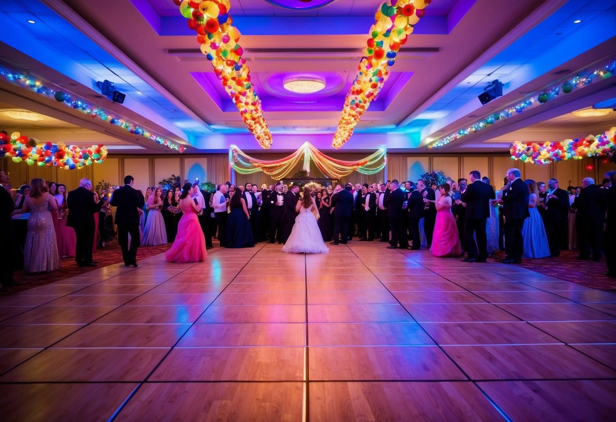 A spacious dance floor with room for 150 guests, surrounded by festive decorations and colorful lighting