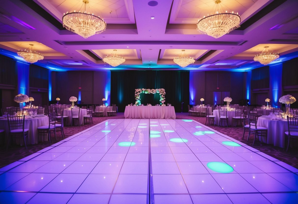 A spacious dance floor with room for 150 guests, surrounded by tables and chairs, and illuminated by colorful lights