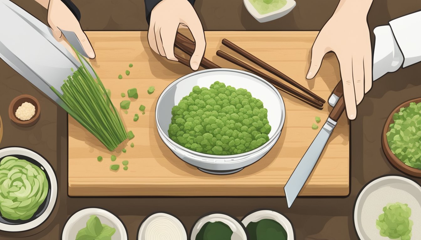 A chef swapping out horseradish for wasabi in a sushi dish, with the two ingredients side by side on a cutting board