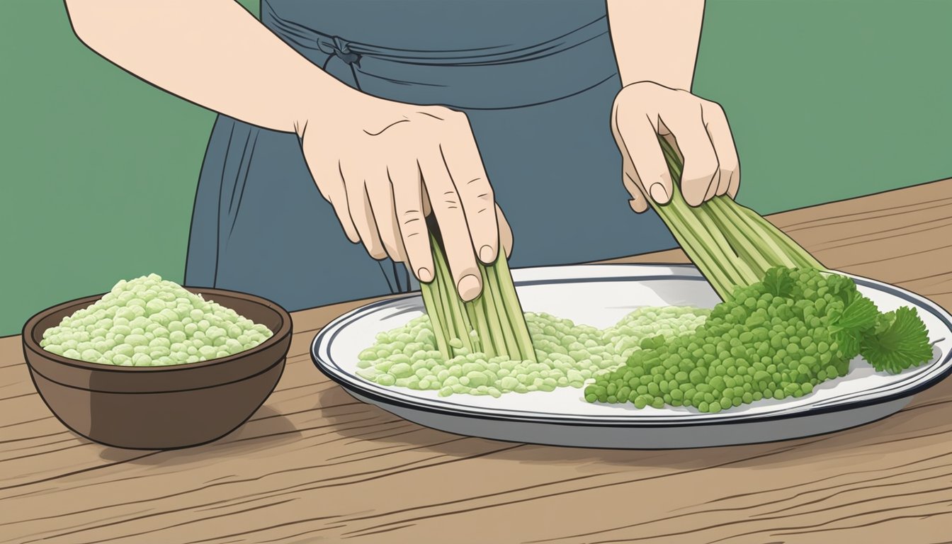 A person grating horseradish root onto a plate, next to a tube of wasabi