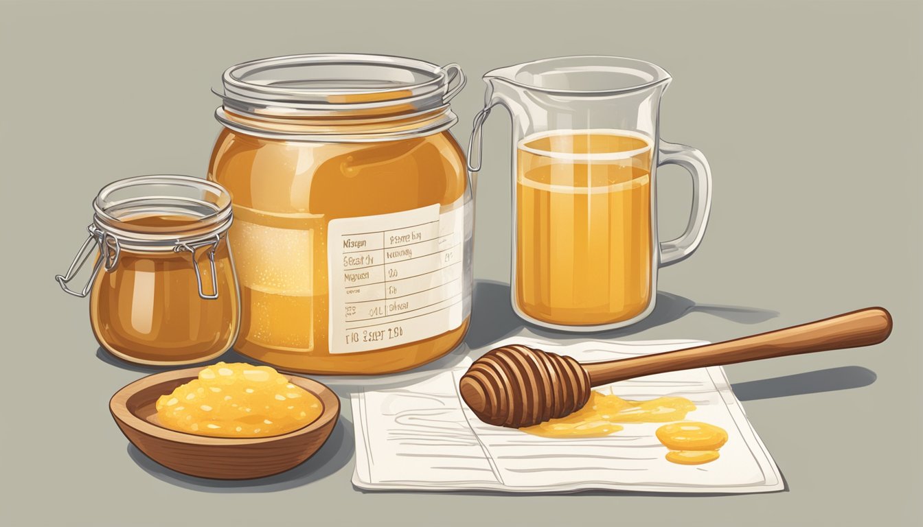 A jar of honey pouring into a measuring cup, with a bowl of sugar next to it. Ingredients and measurements written on a recipe card