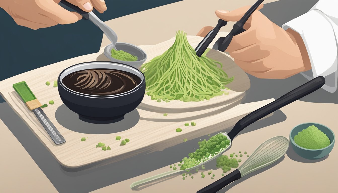 A chef grating horseradish root onto a plate next to a tube of wasabi paste, with a measuring spoon and a bowl of soy sauce nearby