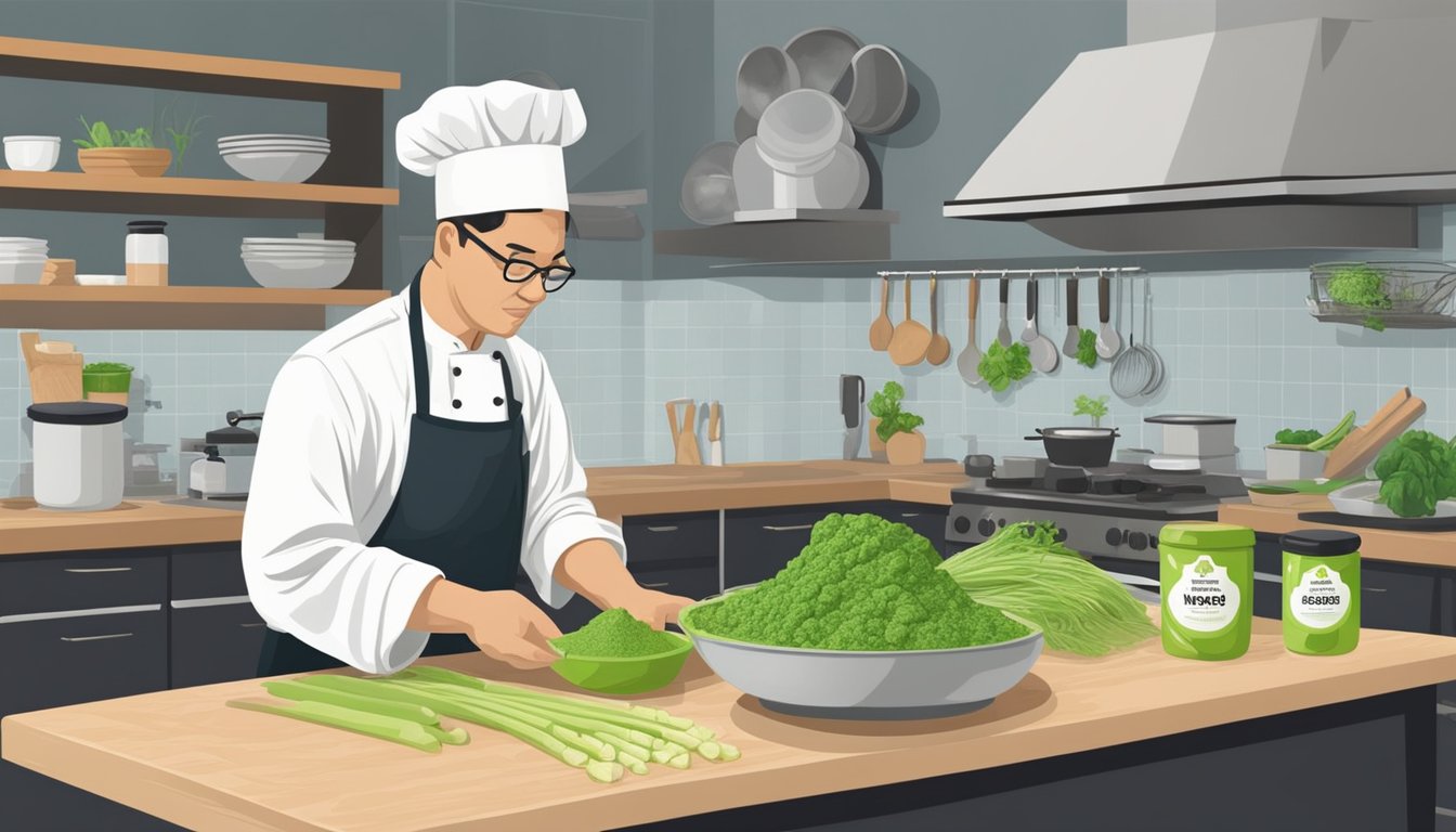 A chef swaps out a jar of horseradish for a tube of wasabi while preparing a recipe in a well-stocked kitchen