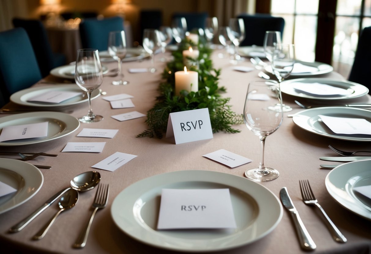 A table set for a dinner party, with empty place settings and unopened RSVP cards scattered across the surface