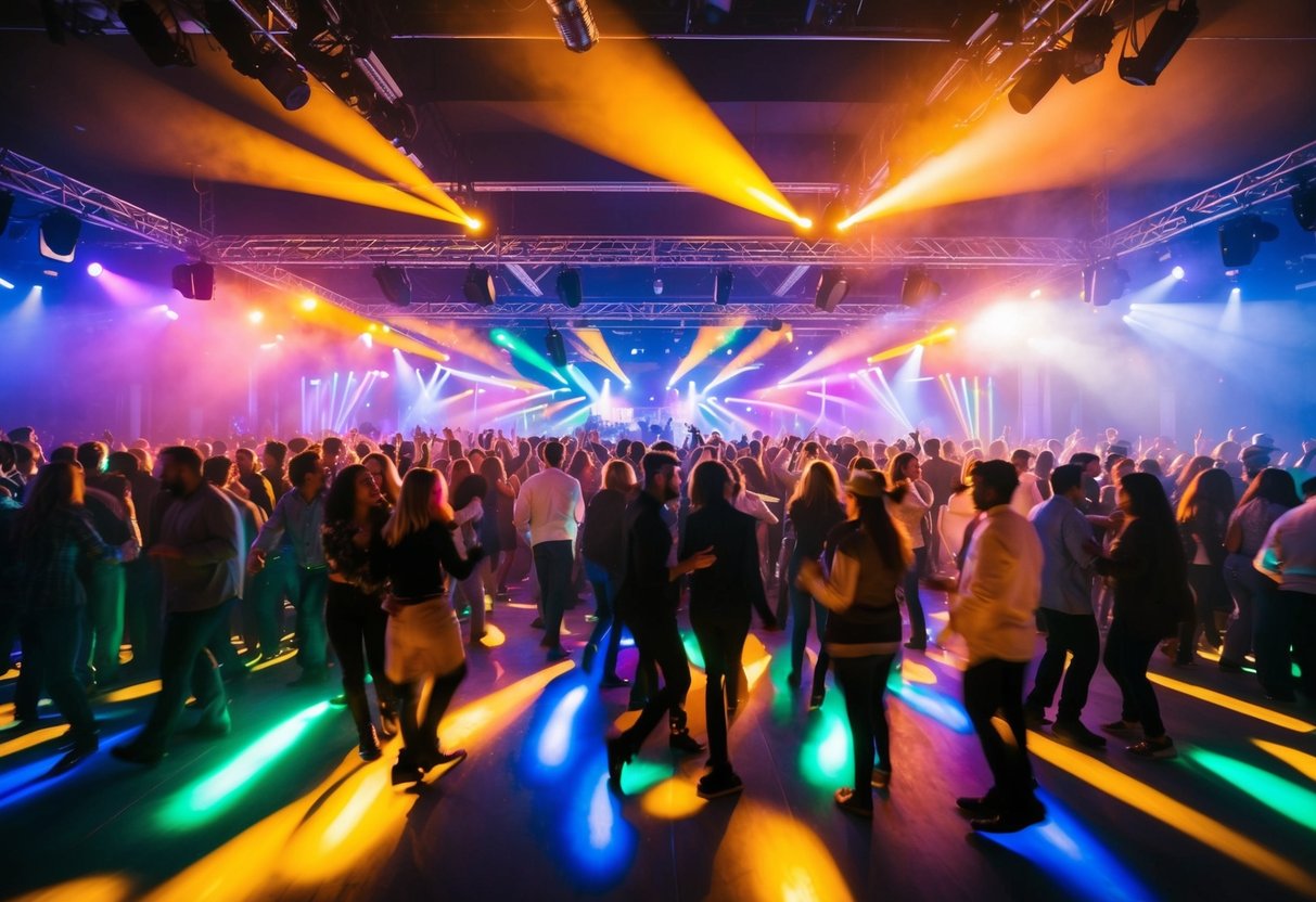 A crowded dance floor pulsing with colorful lights and people moving to a catchy beat