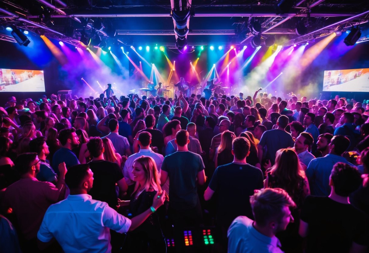 A crowded dancefloor pulsating with colorful lights and energetic music. Instruments and vocals blend seamlessly, driving the rhythm and inviting movement