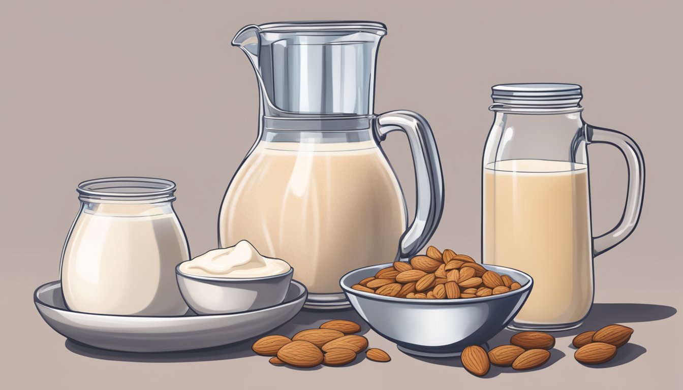 A pitcher of horchata being poured into a mixing bowl instead of almond milk, with various recipe ingredients and utensils nearby