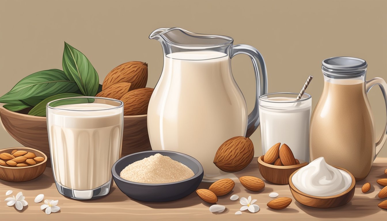 A pitcher of horchata next to a bowl of almond milk, surrounded by various cooking ingredients and utensils