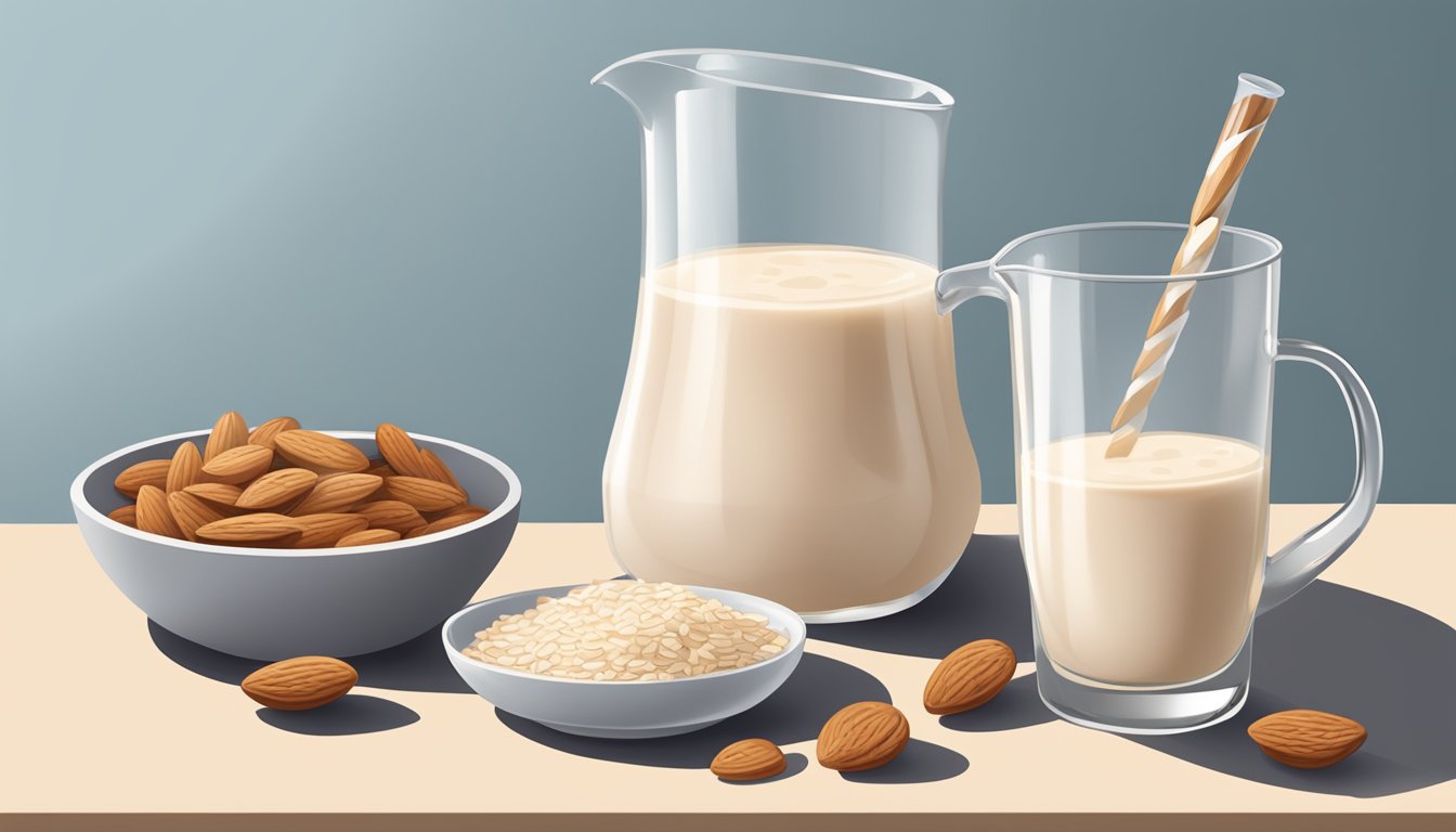 A glass pitcher of horchata next to a bowl of almonds, with a measuring cup pouring horchata into a mixing bowl