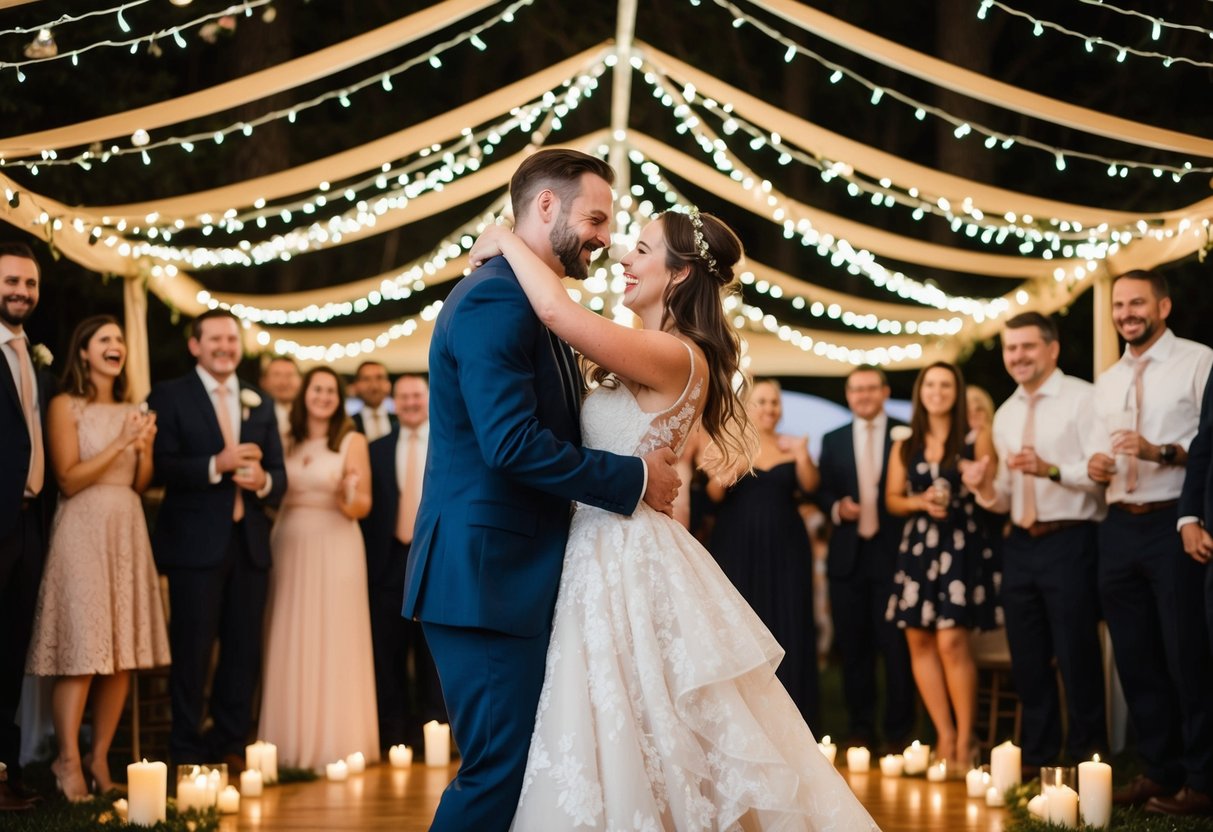 A couple dances under a canopy of twinkling lights, surrounded by the soft glow of candles and the joyful laughter of their friends and family
