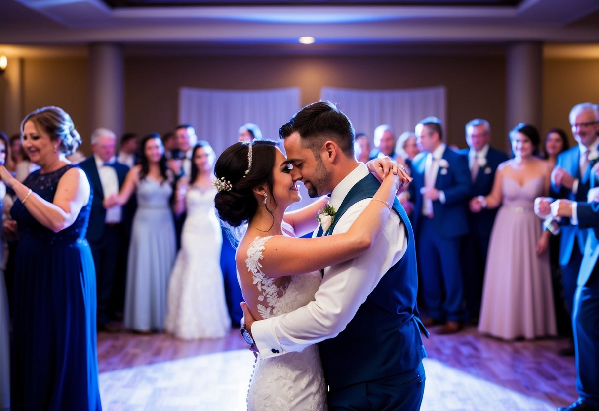 The newlyweds embrace in the center of the dance floor, surrounded by their loved ones, as they share a tender, final dance before the end of the wedding celebration