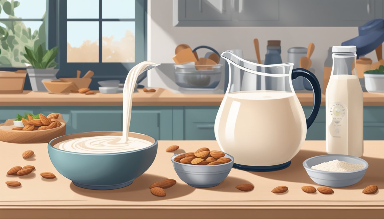 A pitcher of horchata pouring into a mixing bowl of ingredients, with almond milk sitting nearby on a kitchen counter