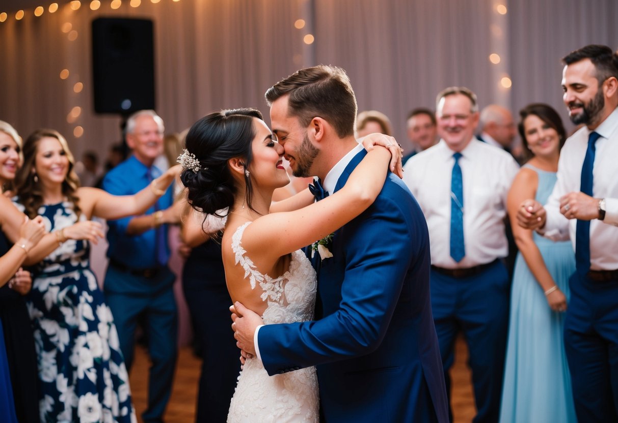 A couple embracing on the dance floor, surrounded by friends and family, as the last song of the night plays at their wedding reception