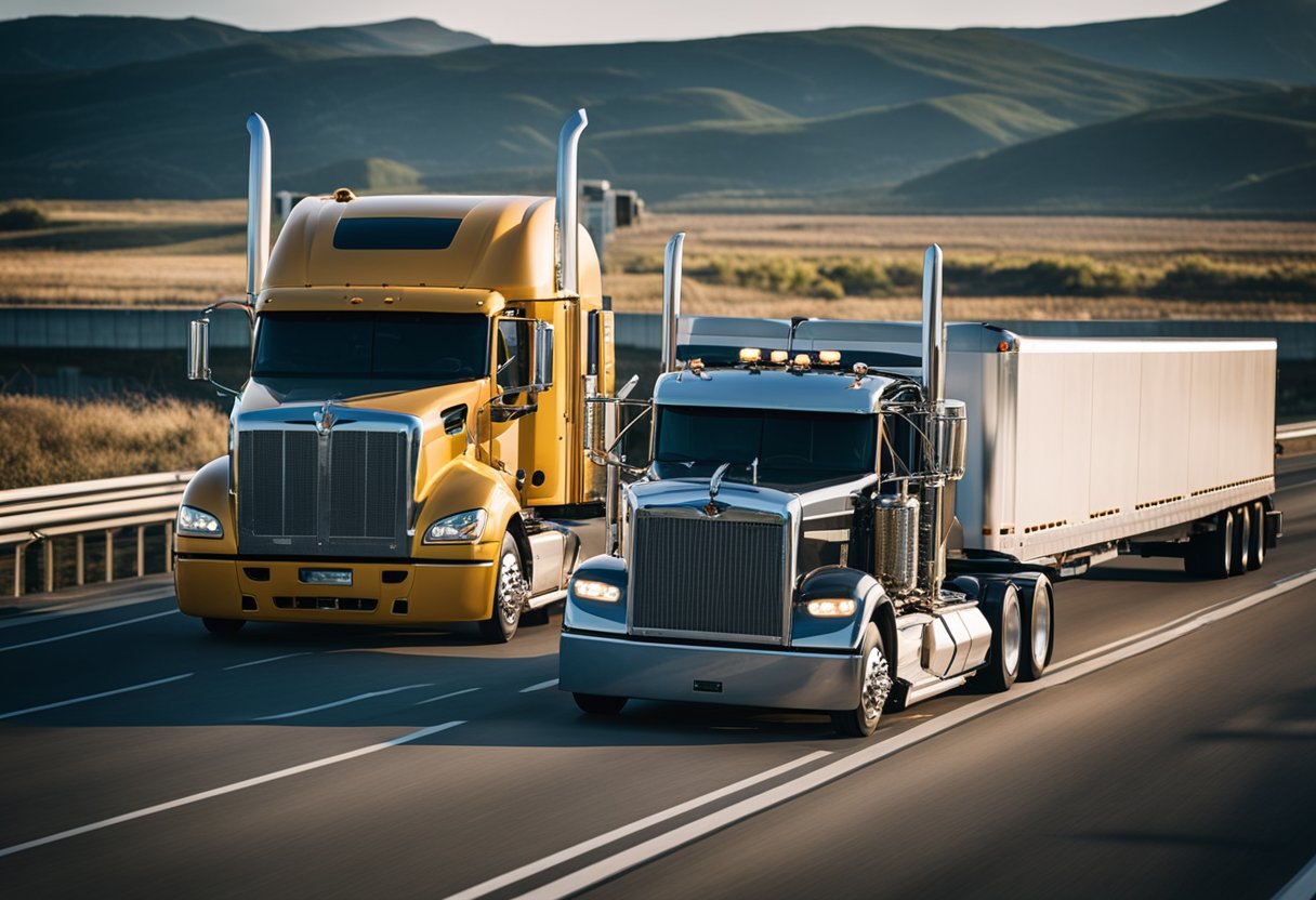 A heavy-duty tow truck pulling a semi truck along a highway, with the tow cables visibly connected between the two vehicles